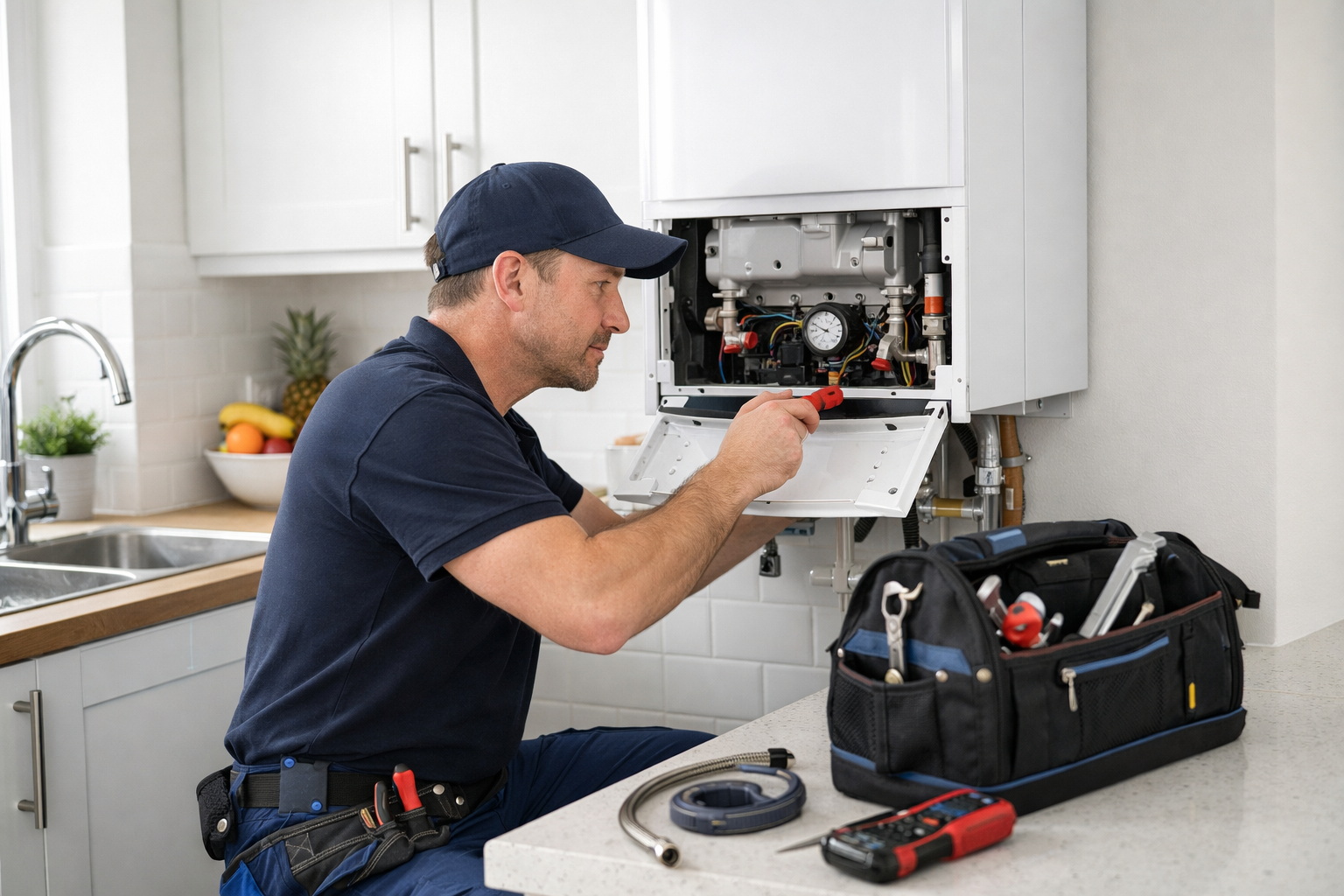 Professional plumber servicing a boiler in a kitchen